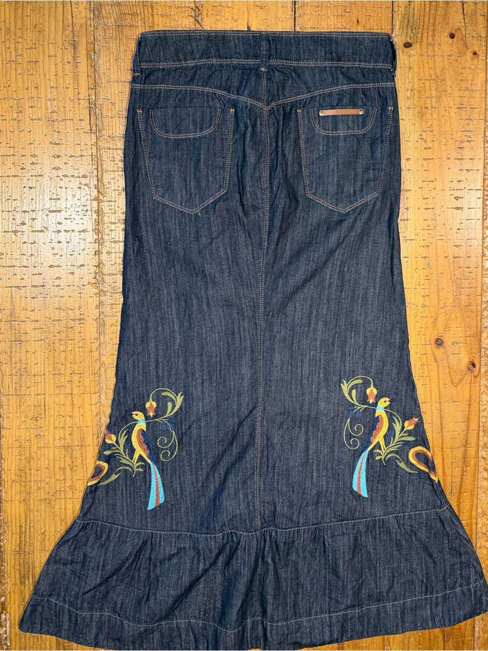 Vintage Brazilian Verbo Embroidered Dark Blue Denim Maxi Skirt - Button Front - Picture 4 of 11